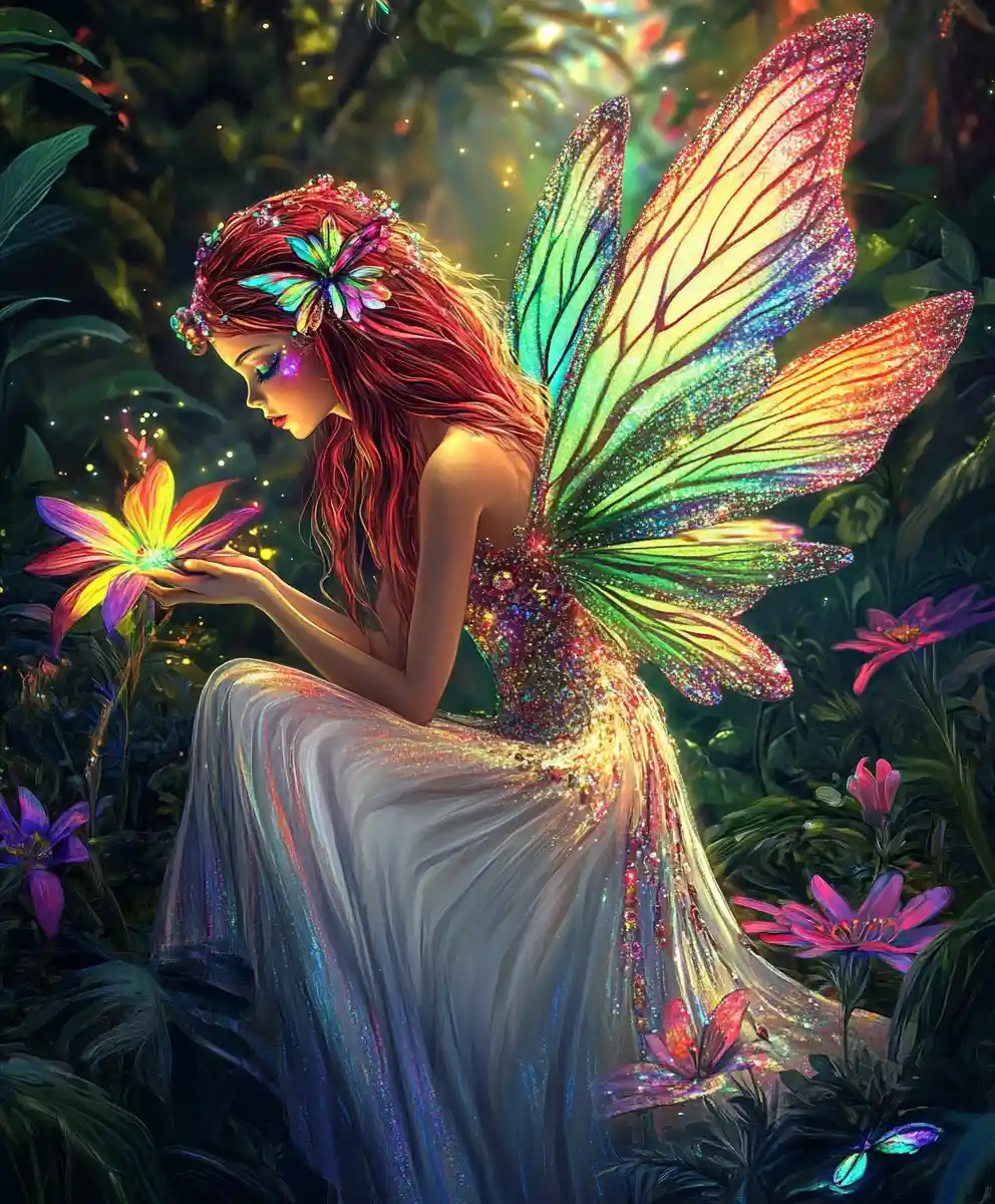 Whimsical Fairy With Rainbow Eyes In Enchanted Forest