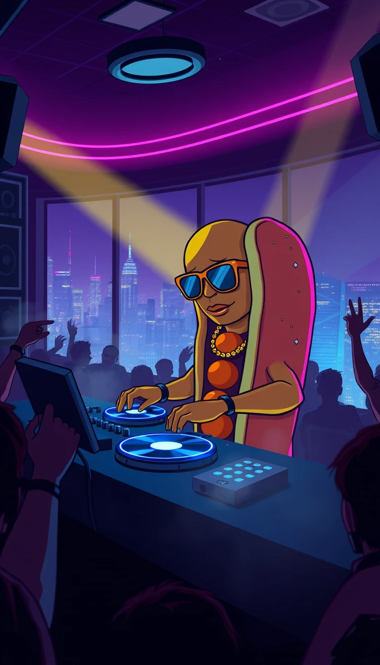 Cartoon hot dog dj in neon nightclub with city view