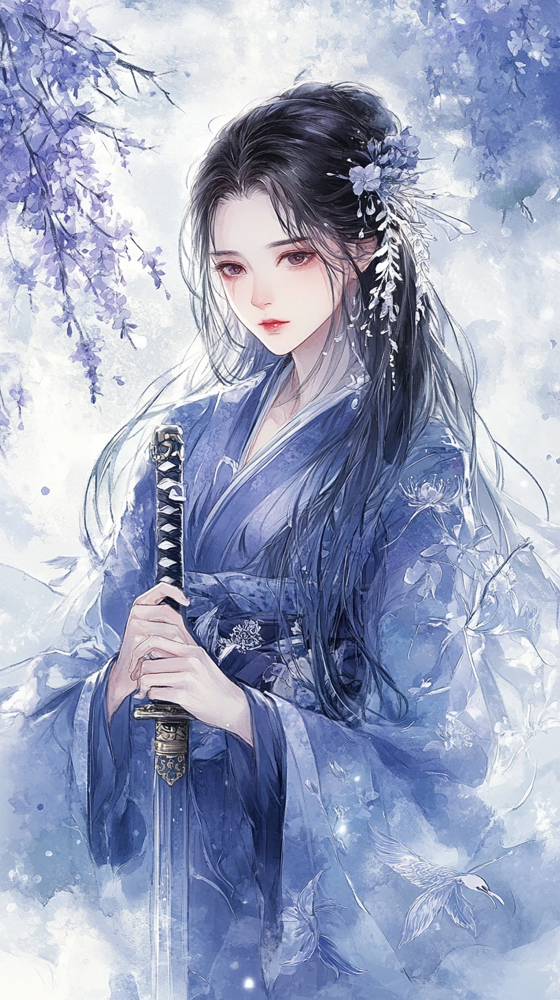 Gelassene Anime-Kriegerin in mitternachtsblauem Kimono
