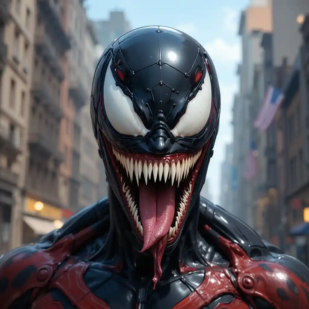 Cartoon symbiote superhero with black skin in the city
