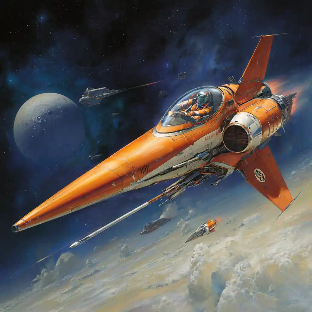Futuristic attack fighter spaceship racing through outer space
