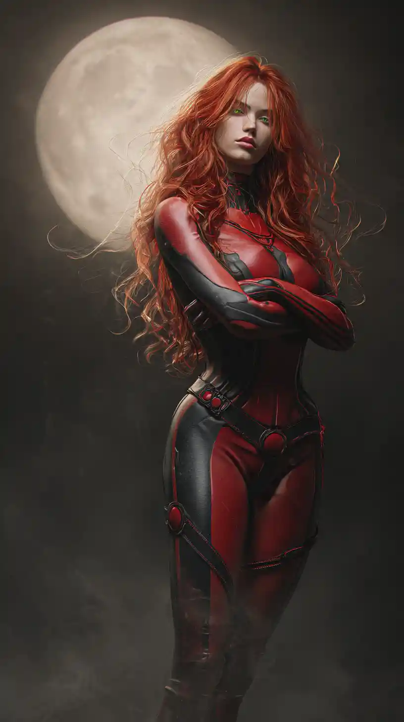 Mysterious alien warrior woman under a glowing full moon