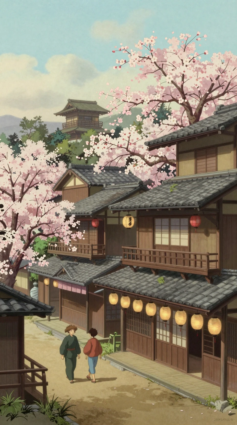 Rua Japonesa Enevoada do Século XIX com Lanternas e Flores