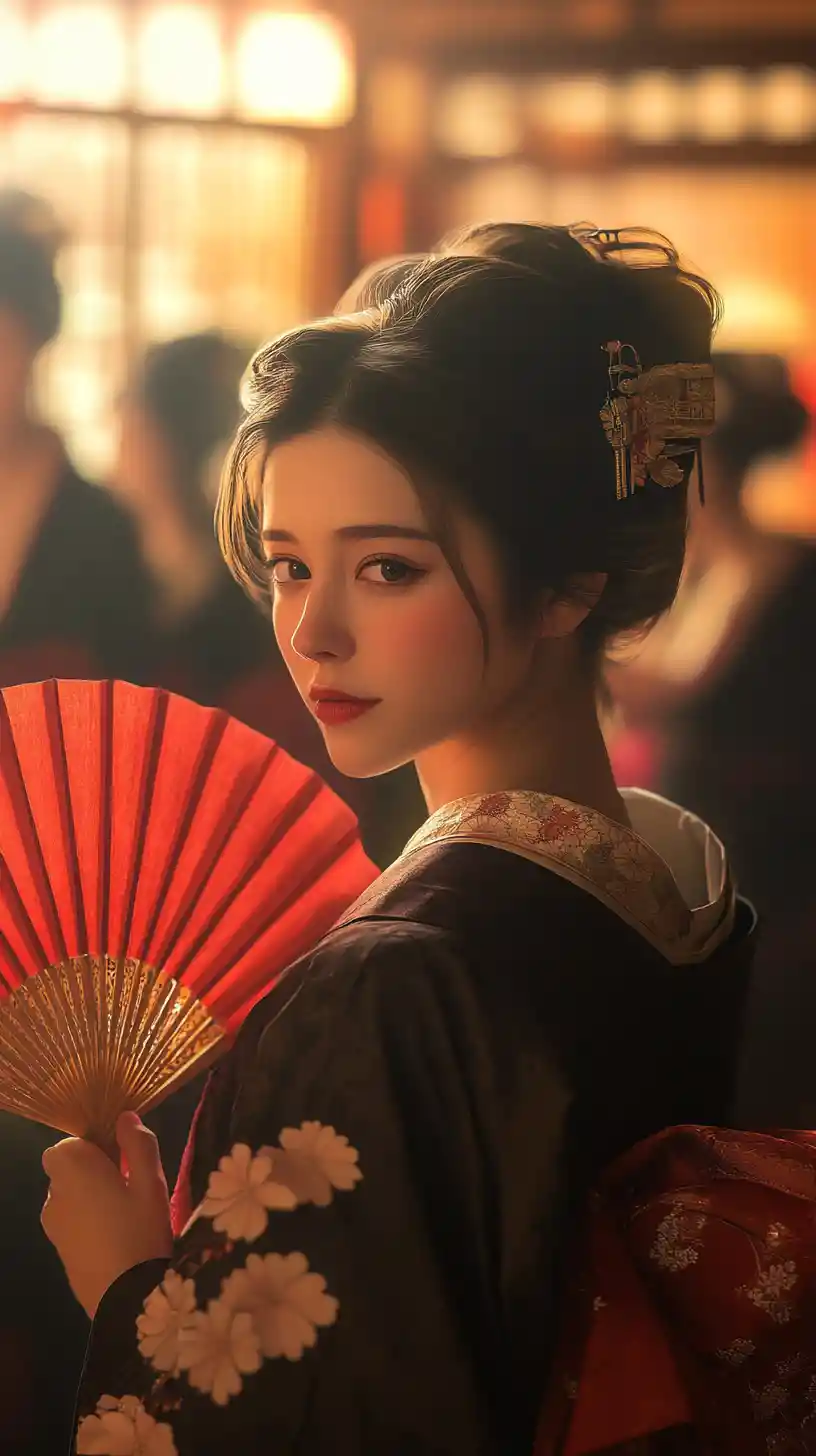 Japanese woman in kimono with red fan in dim interior