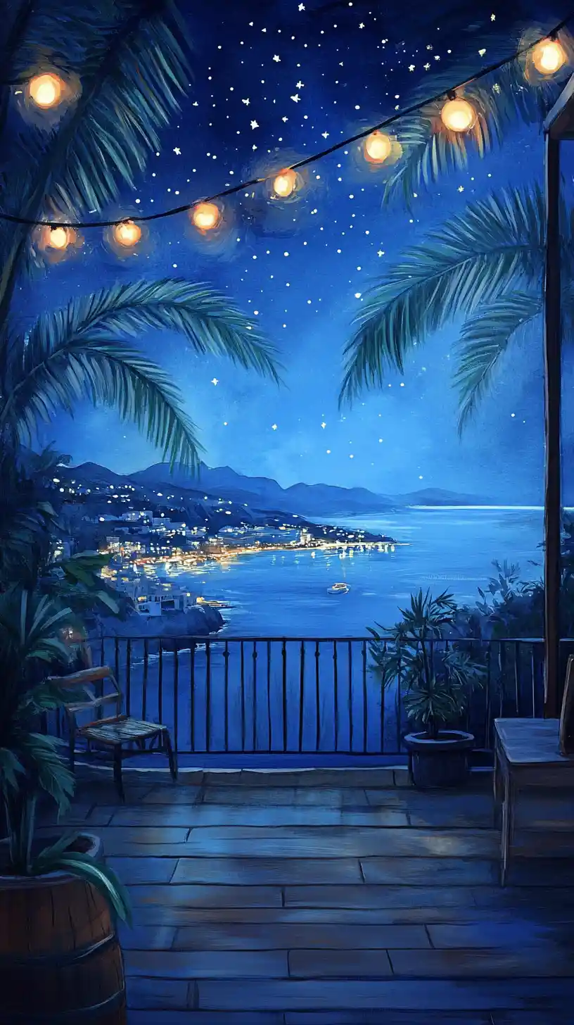 Magical balcony view over a starlit coastal city