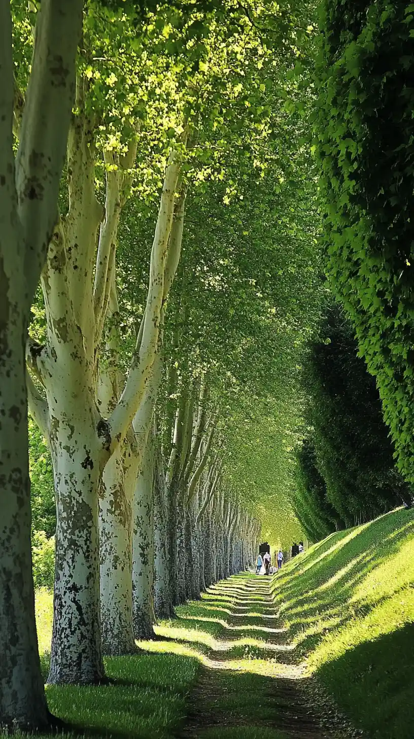 Sunlit tree lined avenue with people walking beneath