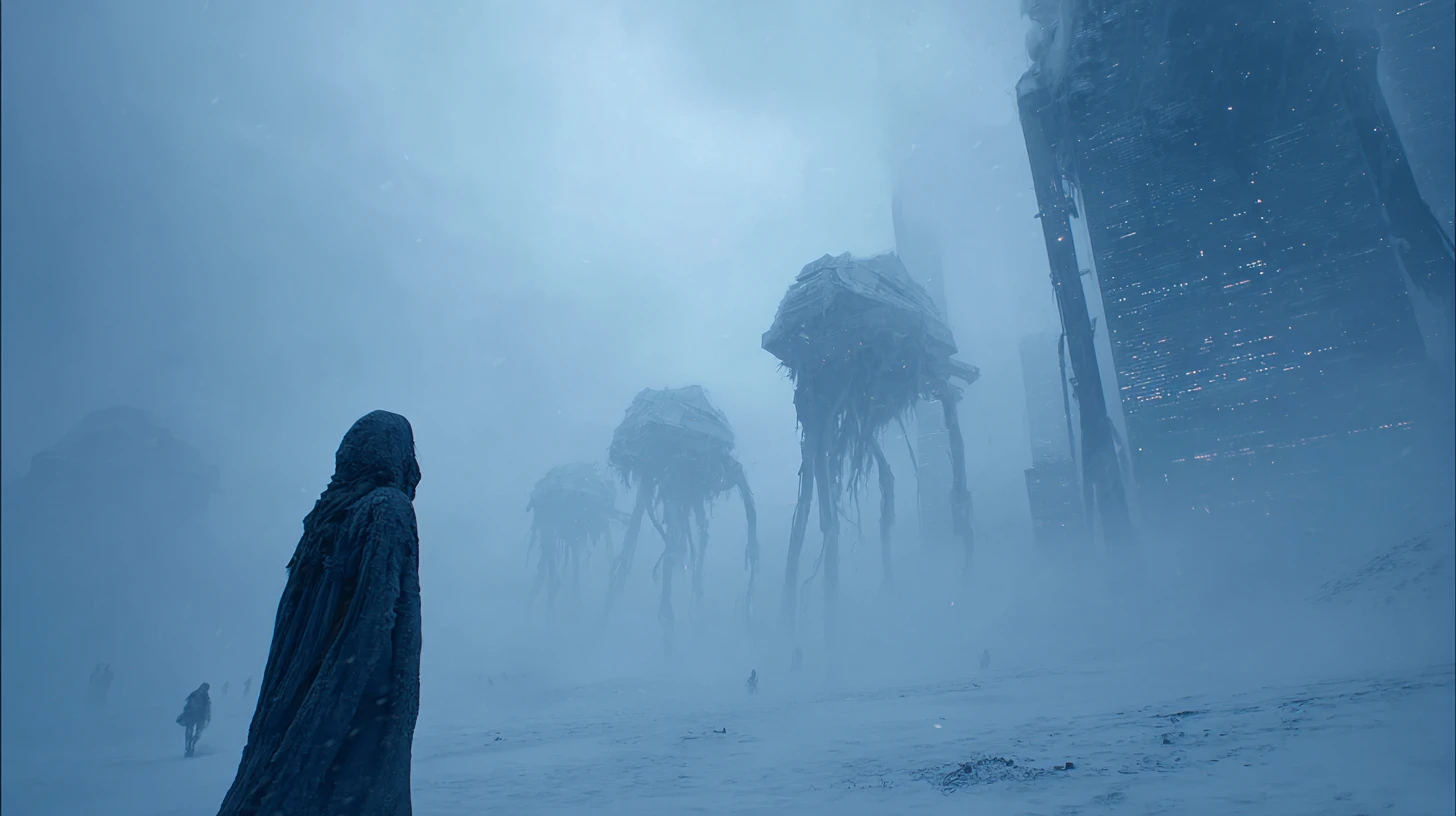 Lone hooded woman on a desolate snow covered alien world