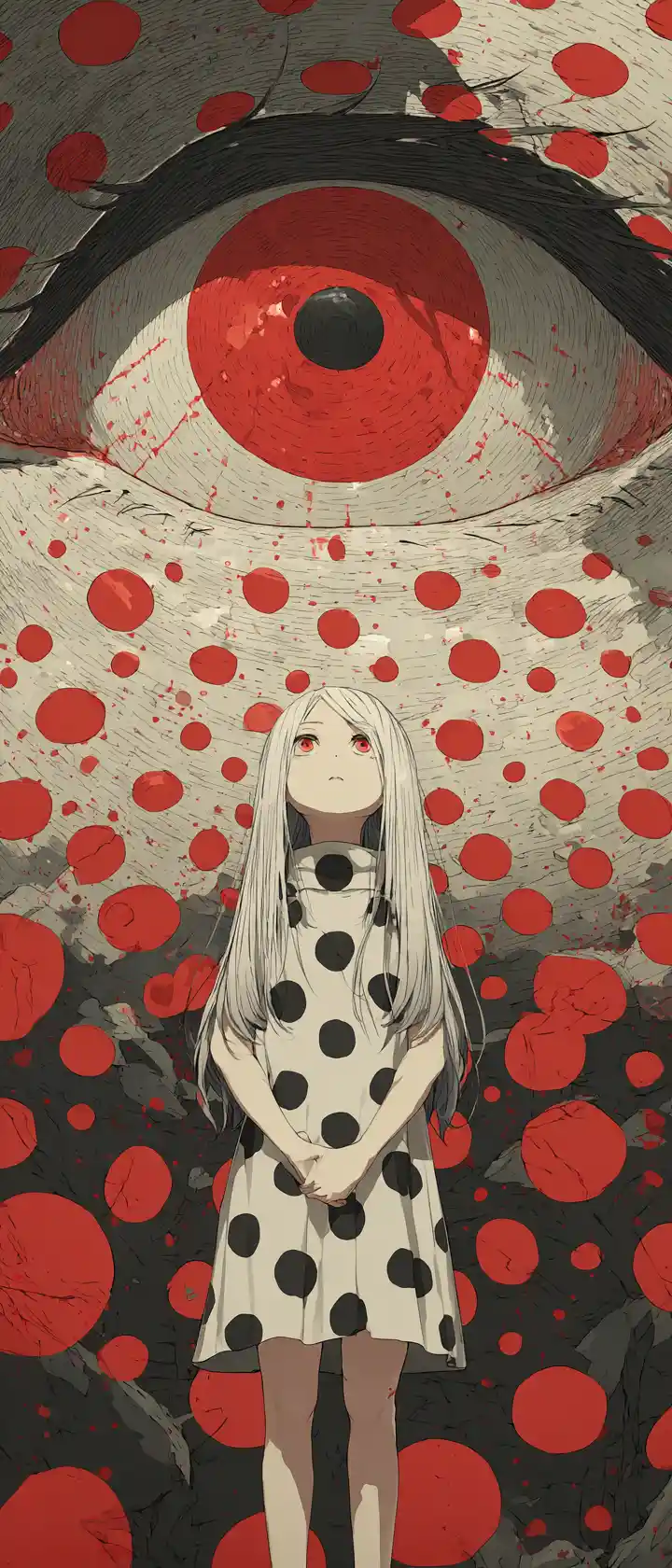 Anime woman in endless polka dot field of sorrow