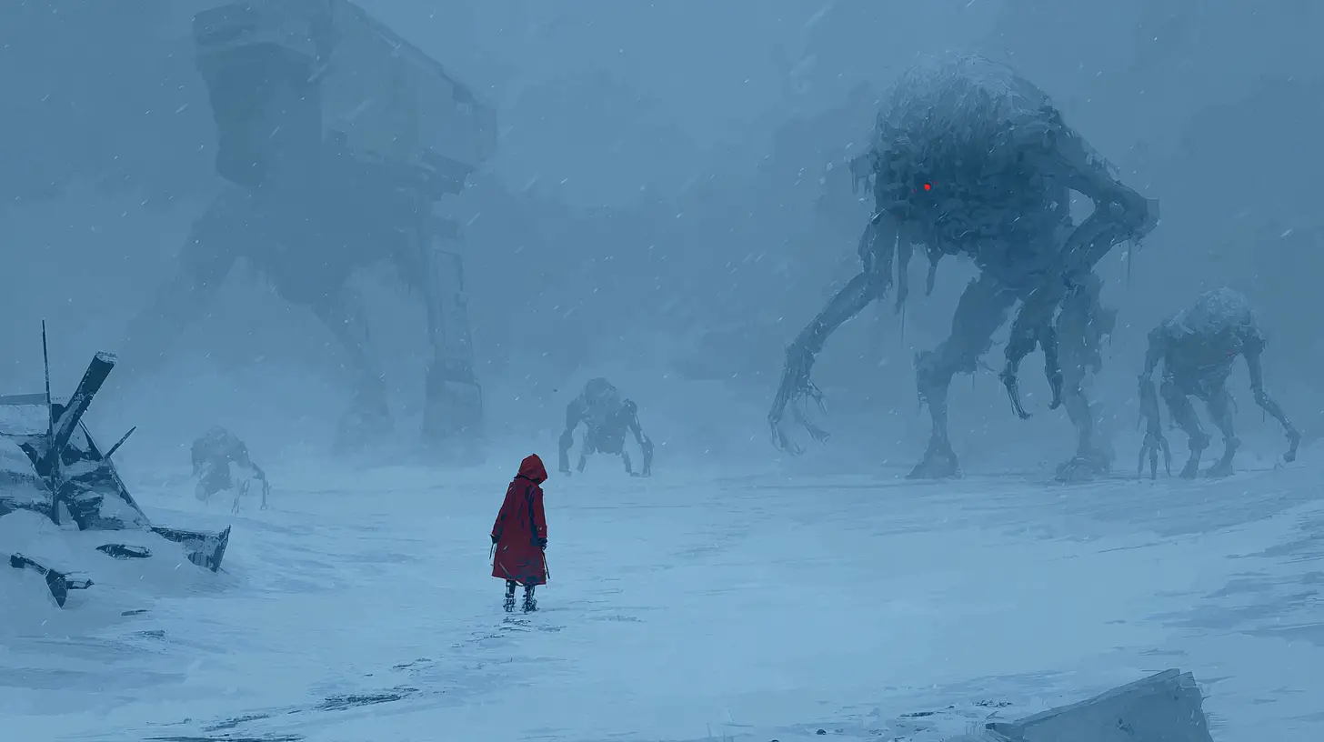 Lone hooded woman on a desolate snow covered alien world