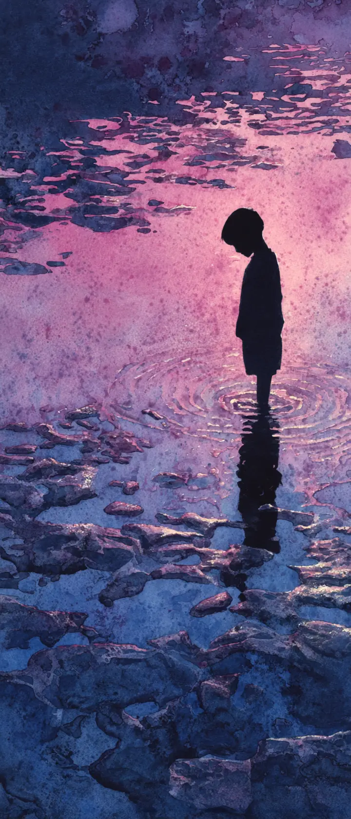 Child silhouette in a dusk tide pool with future reflection