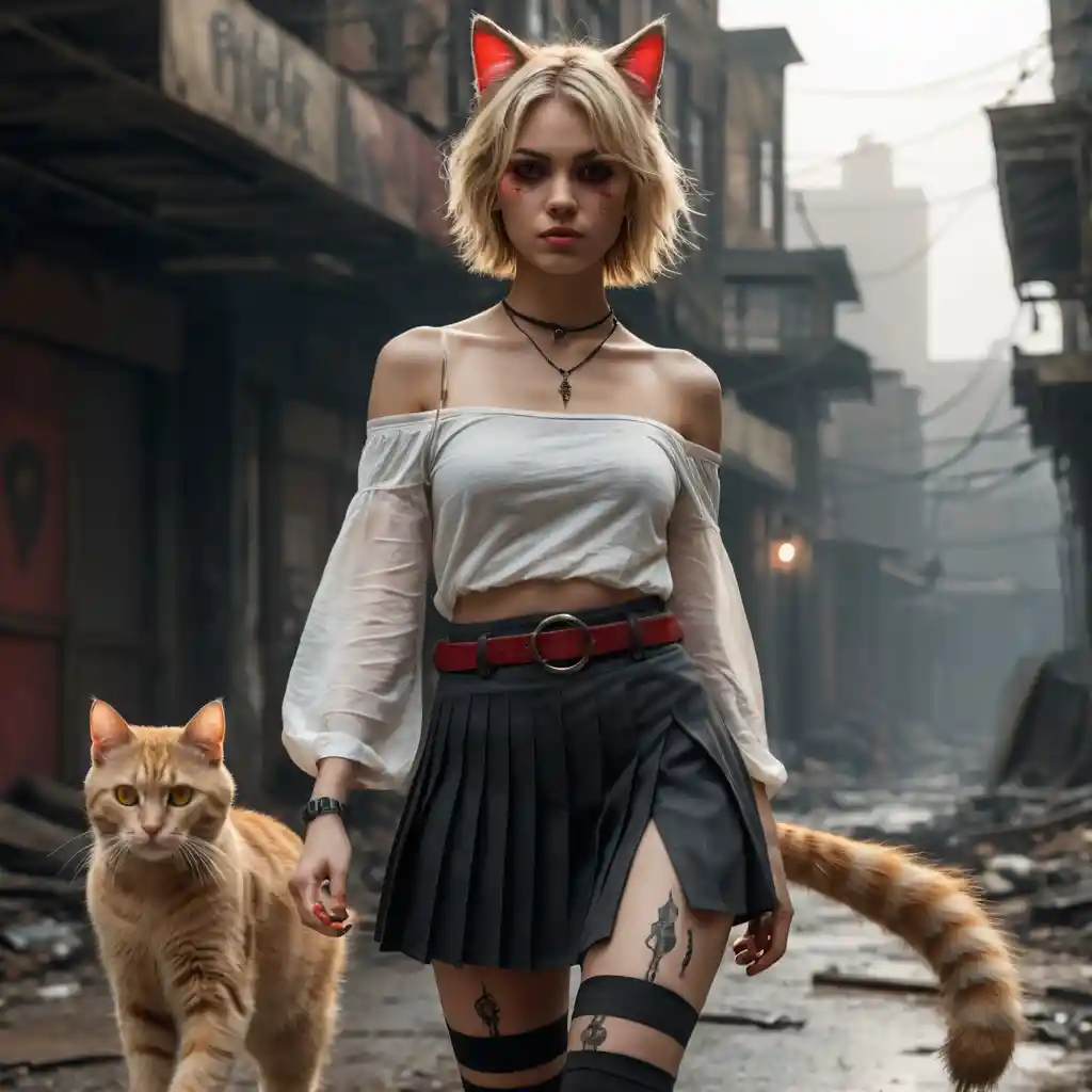 Ragazza gatto che cammina tra le vie nebbiose di una città post-apocalittica