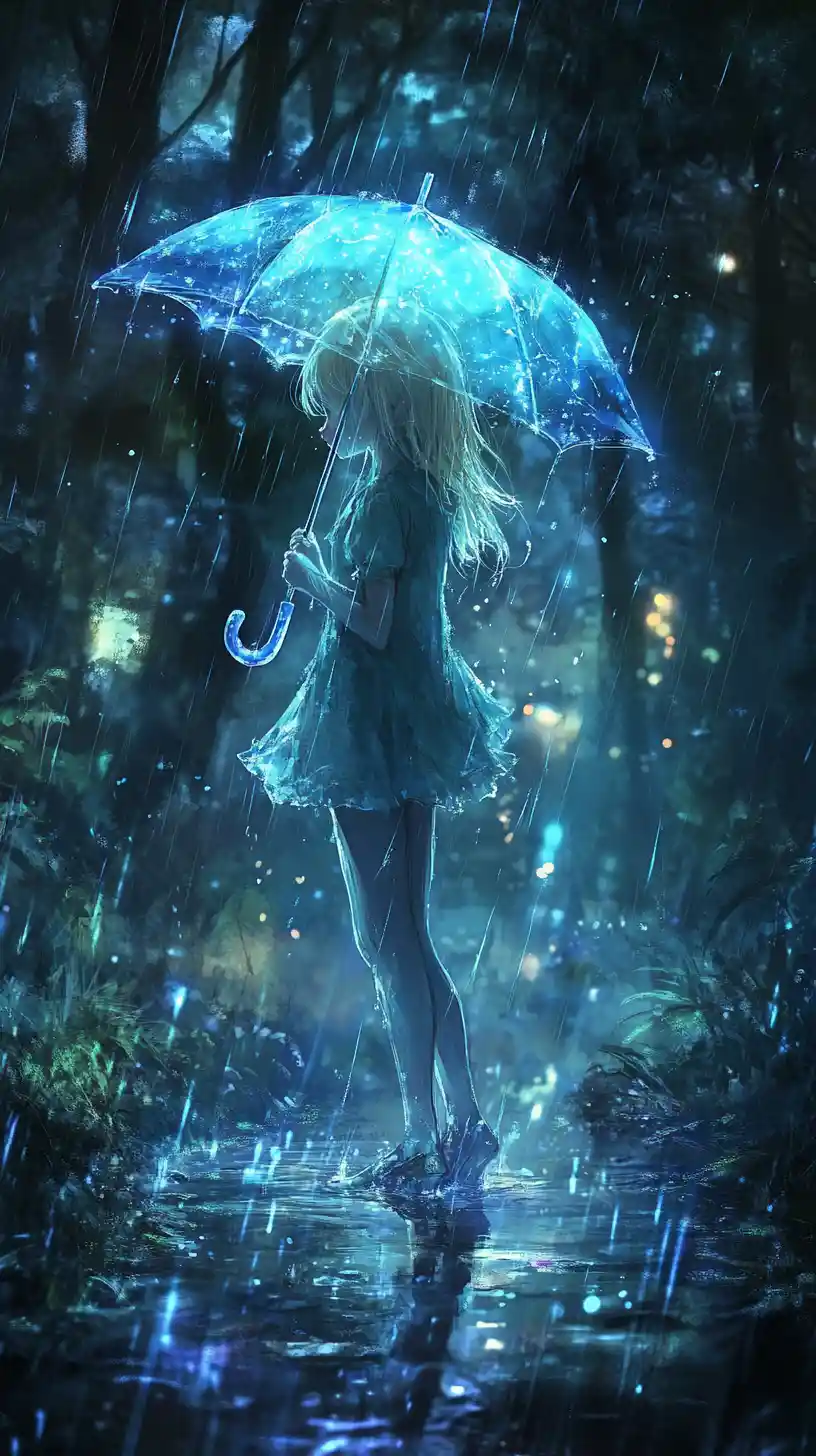 魔法の森で光る傘を持つアニメ少女