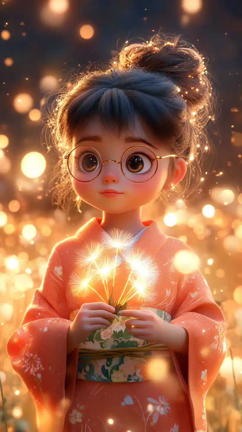 Girl In Coral Kimono Holding Glowing Dandelions