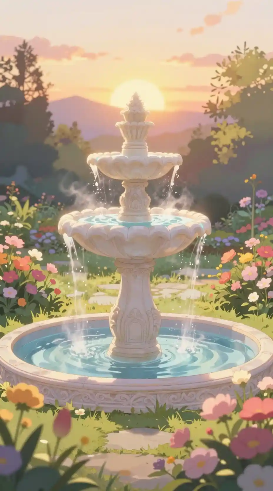 Fonte de jardim em estilo anime ao pôr do sol cercada por flores em tons pastéis