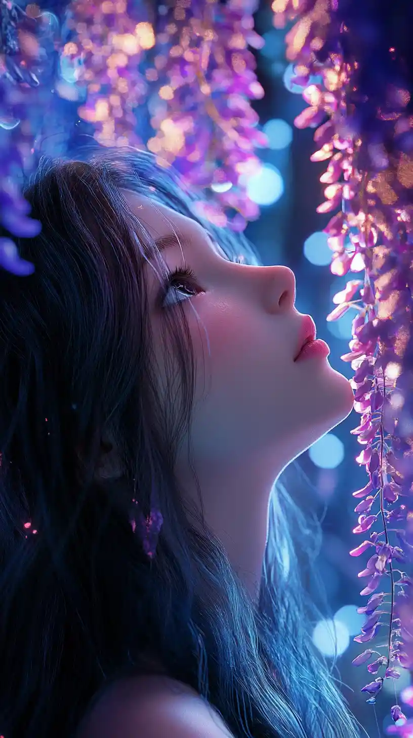 Anime girl in glowing wisteria with dreamy neon lights