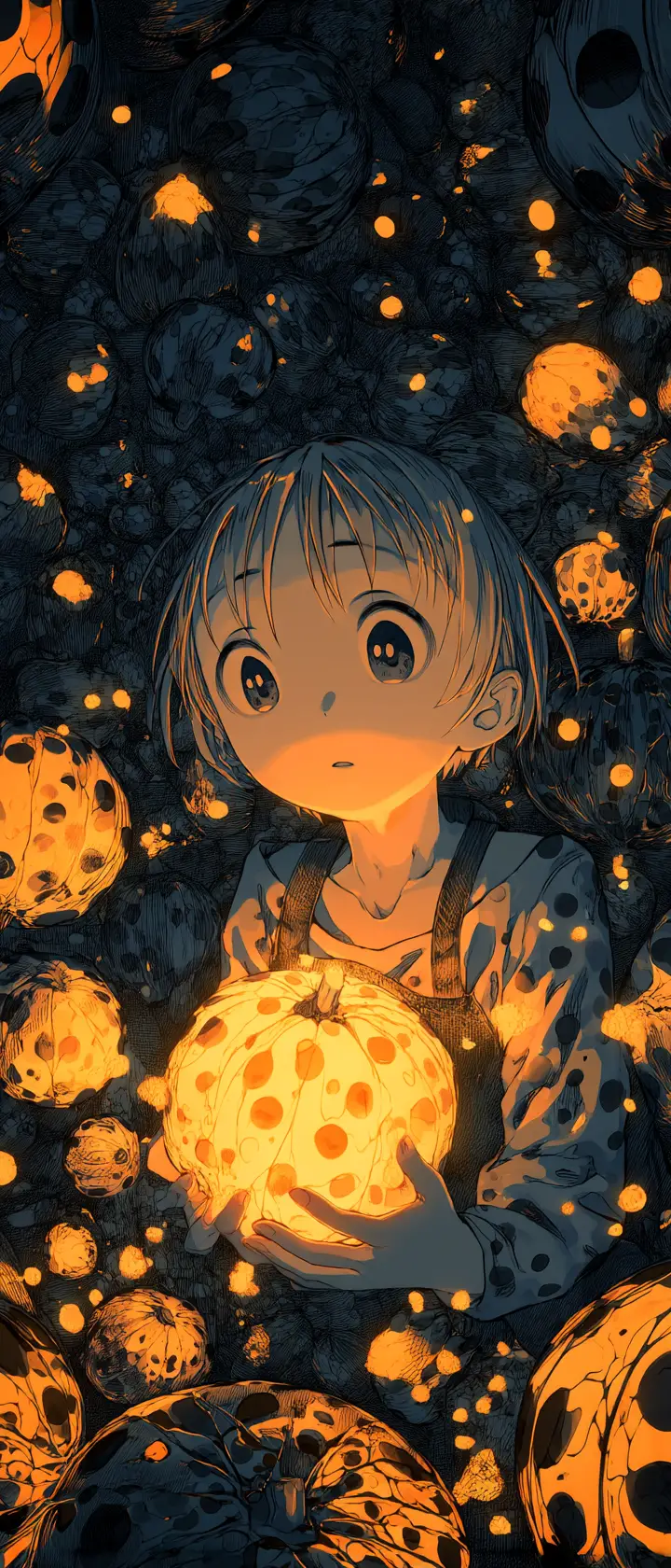 Anime child floating in mirrored room of glowing pumpkins