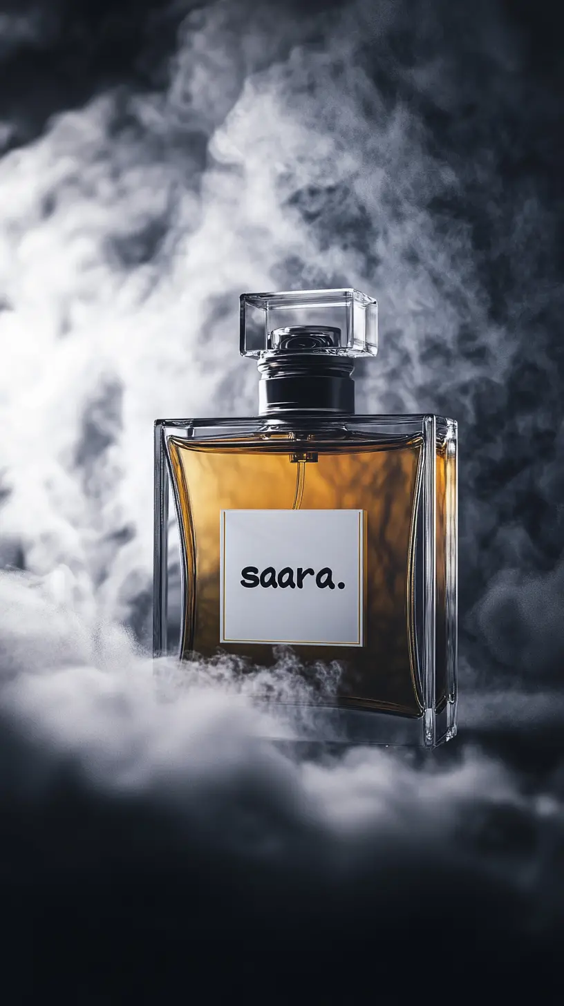 Perfume bottle on gray paper with atmospheric studio lighting