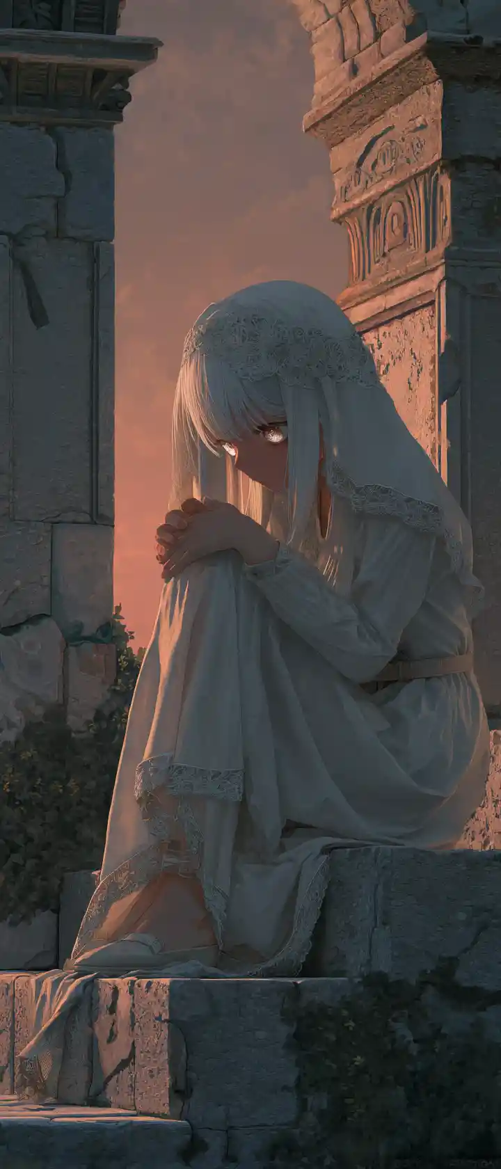 Anime girl resting on stone steps at sunset