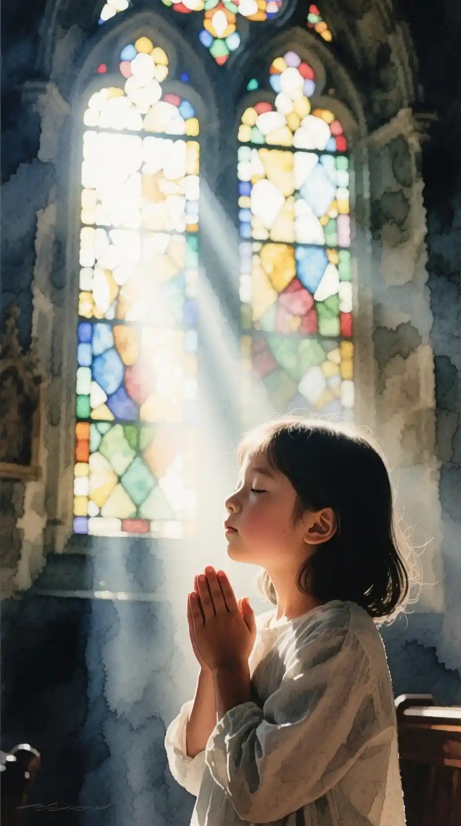 Young child praying in dramatic backlit church interior