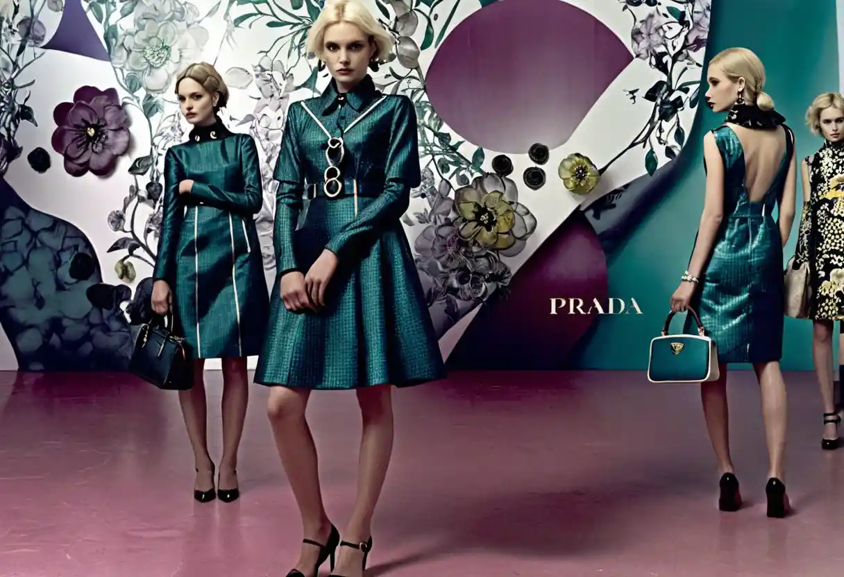 Dramatic fashion model with Prada handbag in monochrome