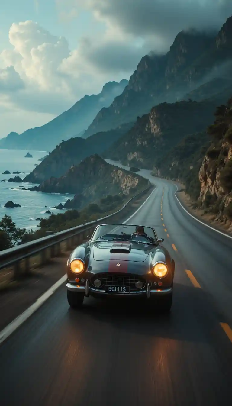 Classic sports car racing along a scenic coastal highway