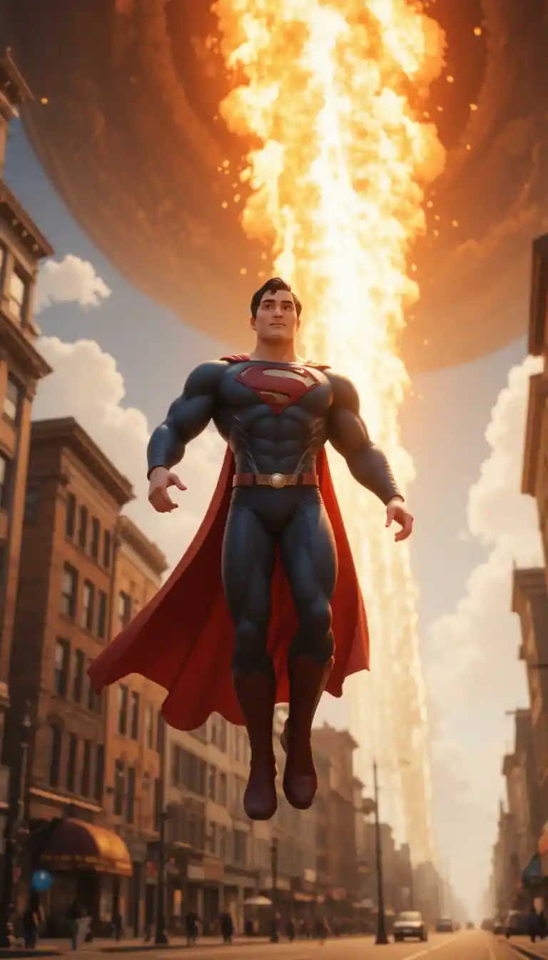 3D superhero flying toward flaming meteor above city street