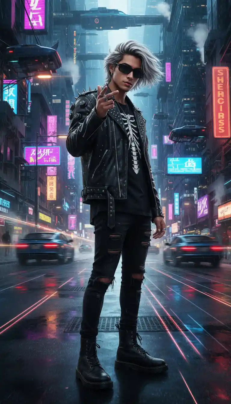 Latino man posing with finger gun in neon sci fi street