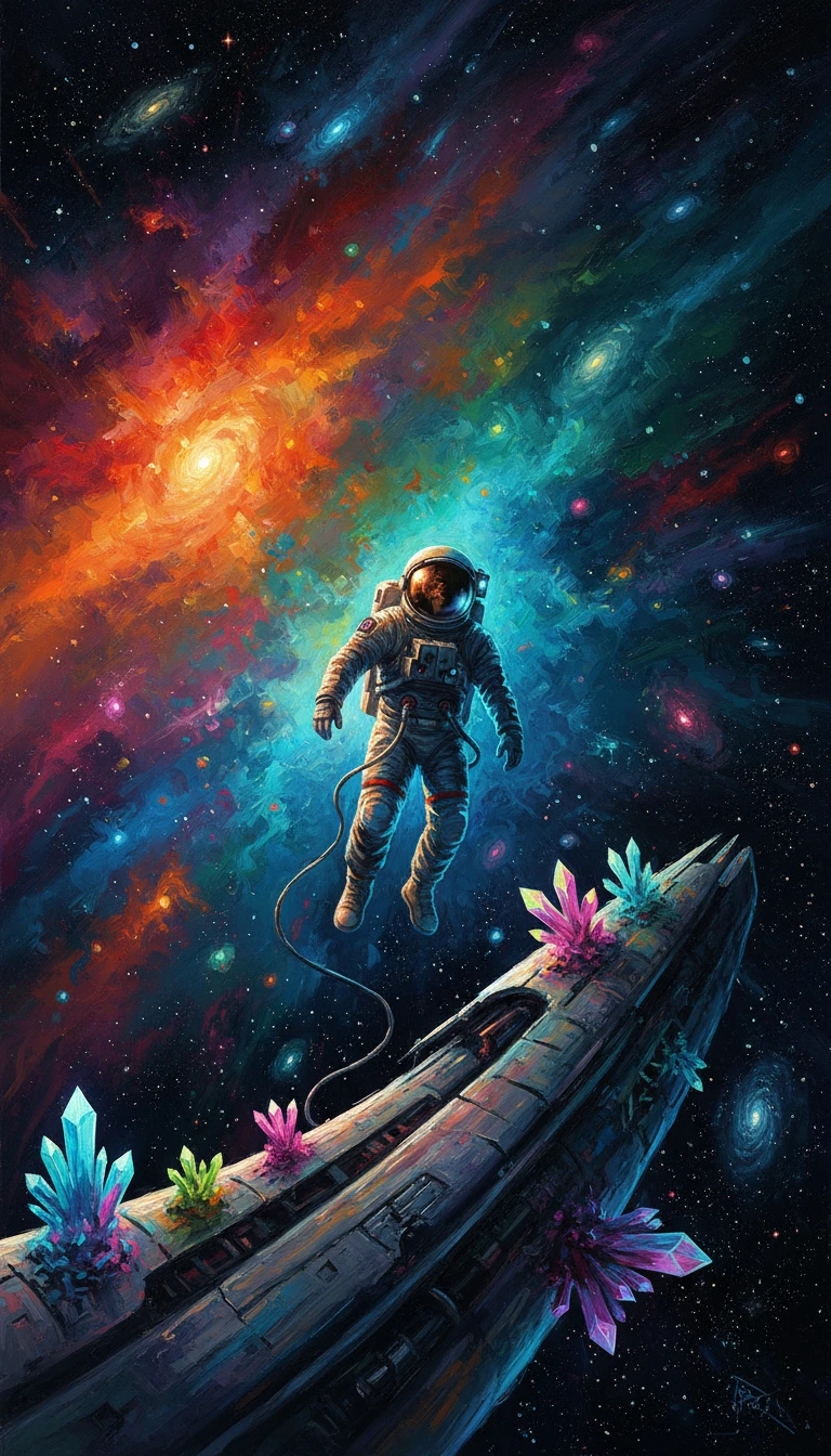繫在外星殘骸上的孤獨太空人，漂浮於絢麗星雲中