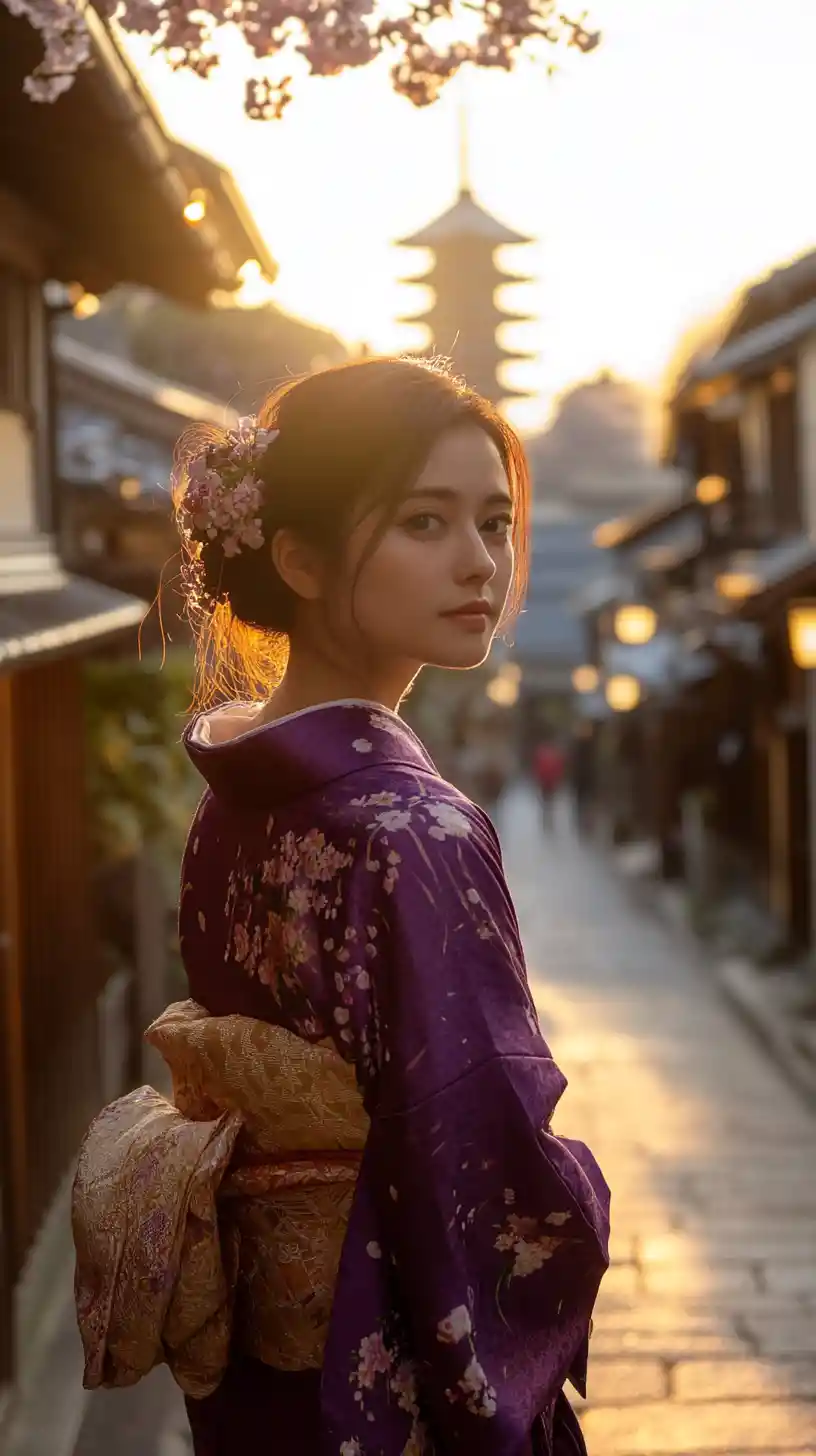 Mujer con kimono morado caminando por una antigua calle de Kioto