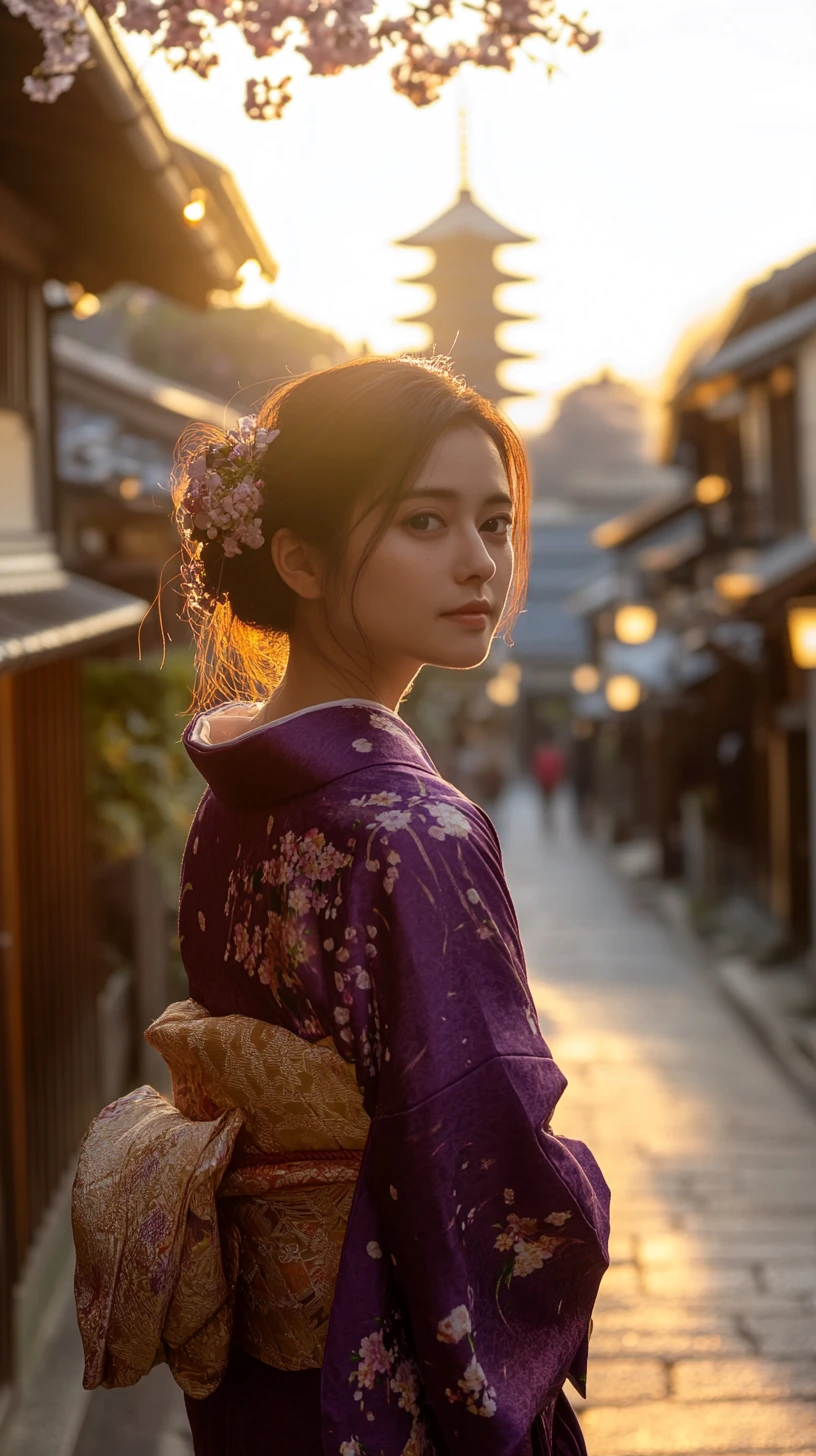 Mulher de quimono roxo caminhando por uma antiga rua de Kyoto