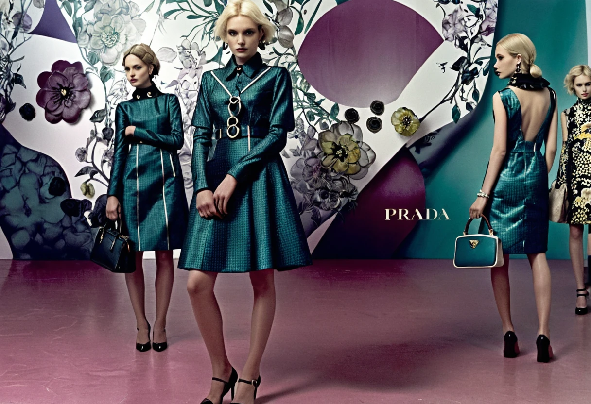 Modella di moda drammatica con borsa Prada in monocromia