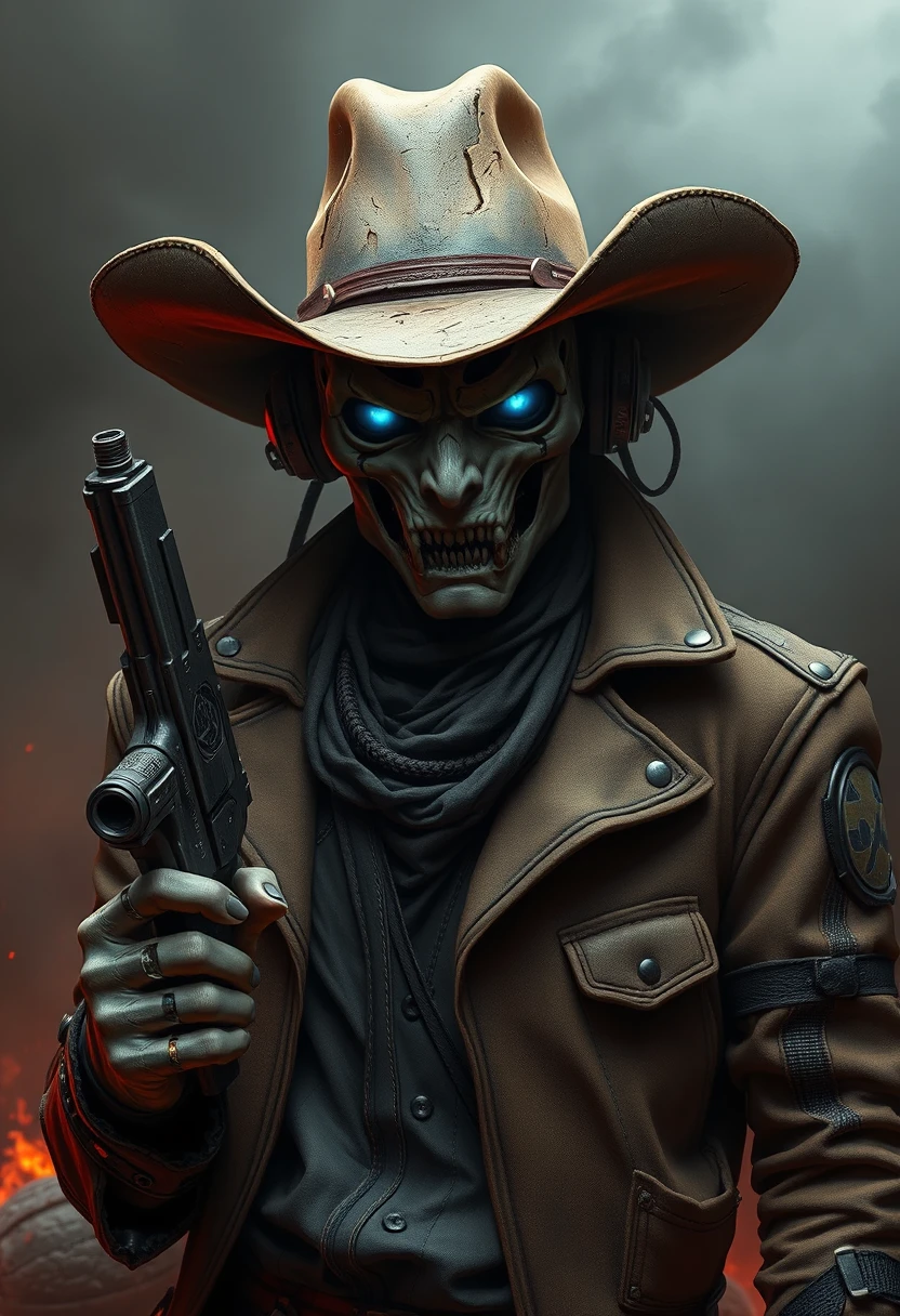 Vaquero cibernético con pistola en una escena infernal llena de humo
