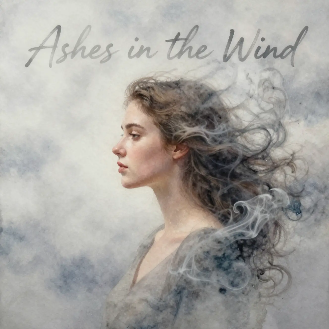 Watercolor profile of a young woman dissolving into cloudy sky
