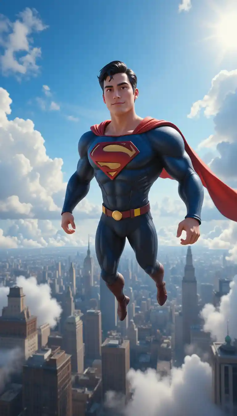 3D superhero soaring above a bright city skyline