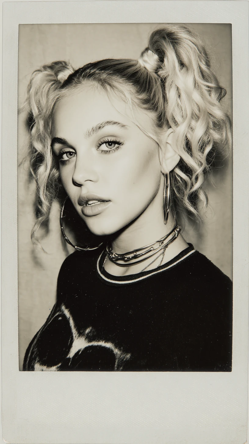 Black and white portrait of a woman with blonde pigtails, hoop earrings, and a chain necklace.