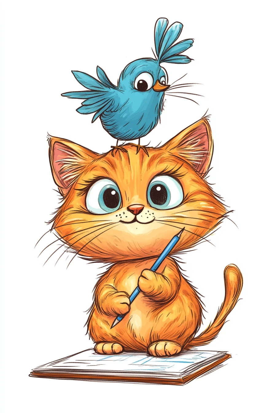 Cartoon Orange Cat Writing Notes With Tropical Bird
