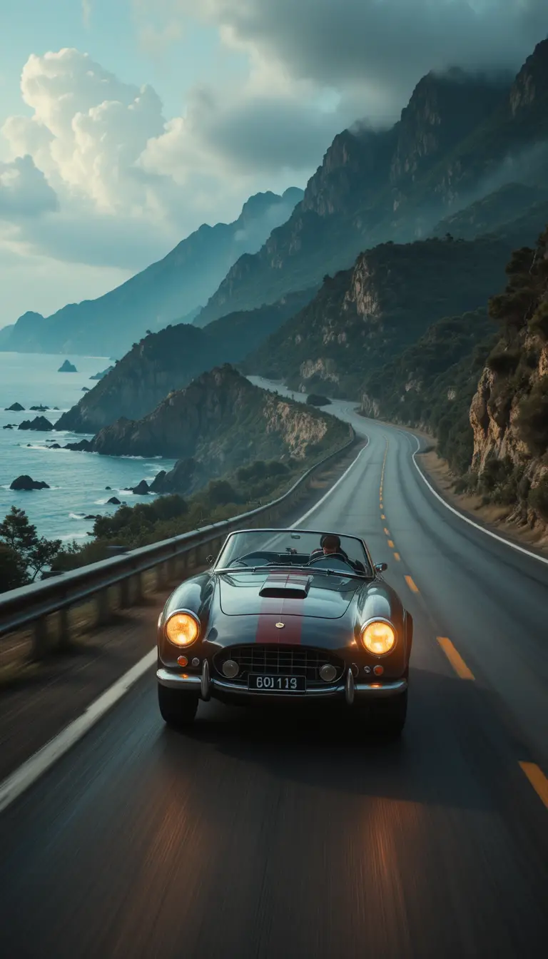 Classic sports car racing along a scenic coastal highway