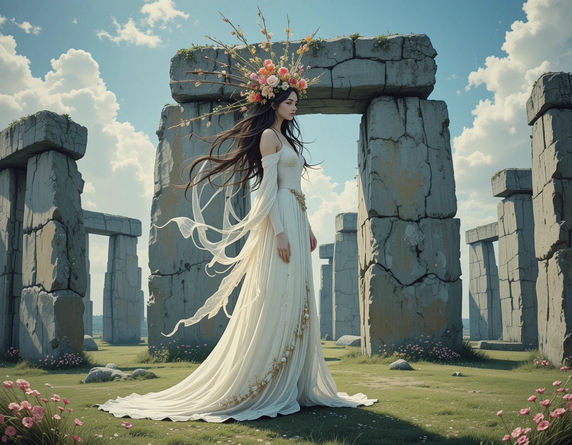 Sorcière mystique en robe blanche dans un ancien cercle de pierres