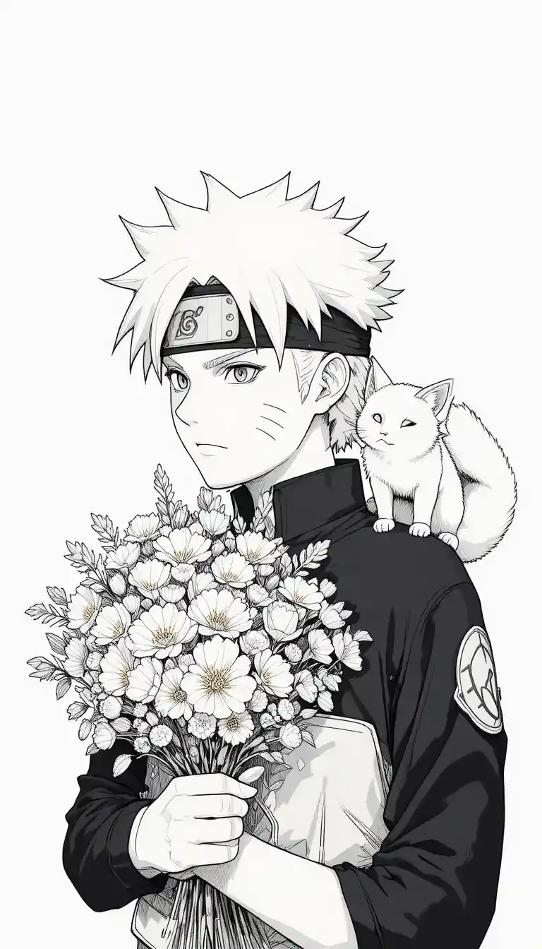 Anime boy holding flowers with small fox companion