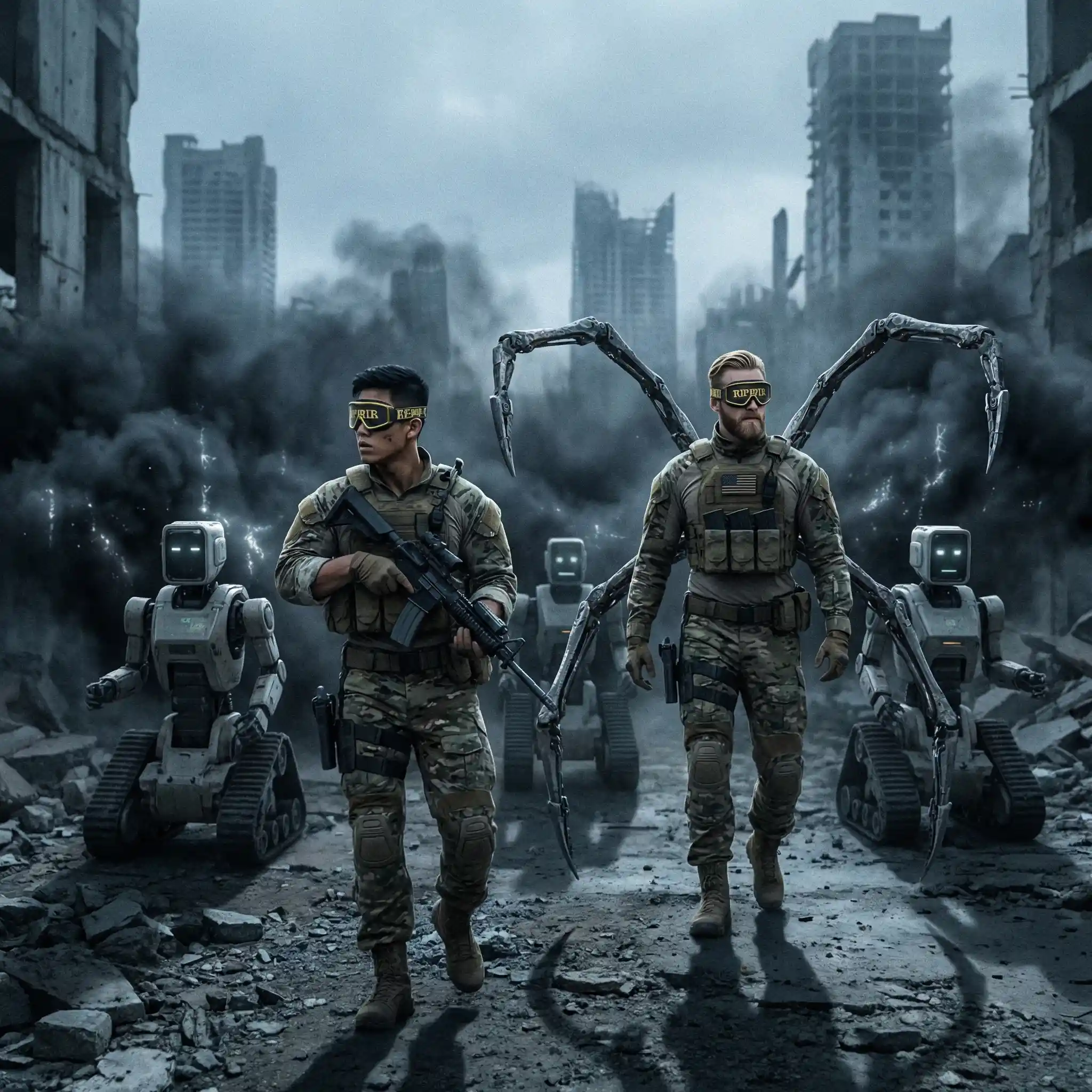 Armed soldiers in ruins with robotic escorts and fog