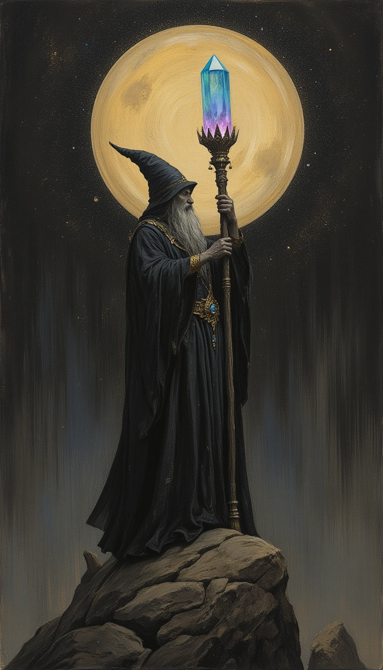 Wizard Raising Glowing Staff On Hill Under The Moon