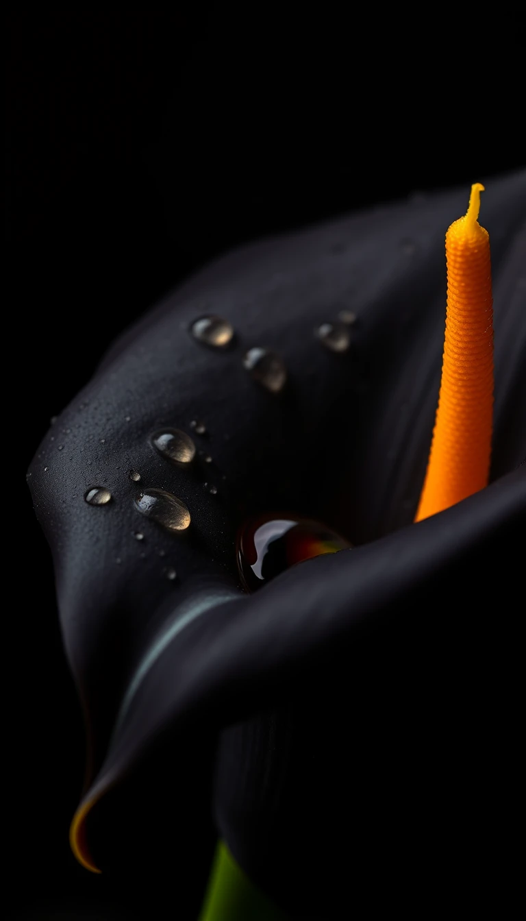 Macro Black Calla Lily With Water Droplets And Bud