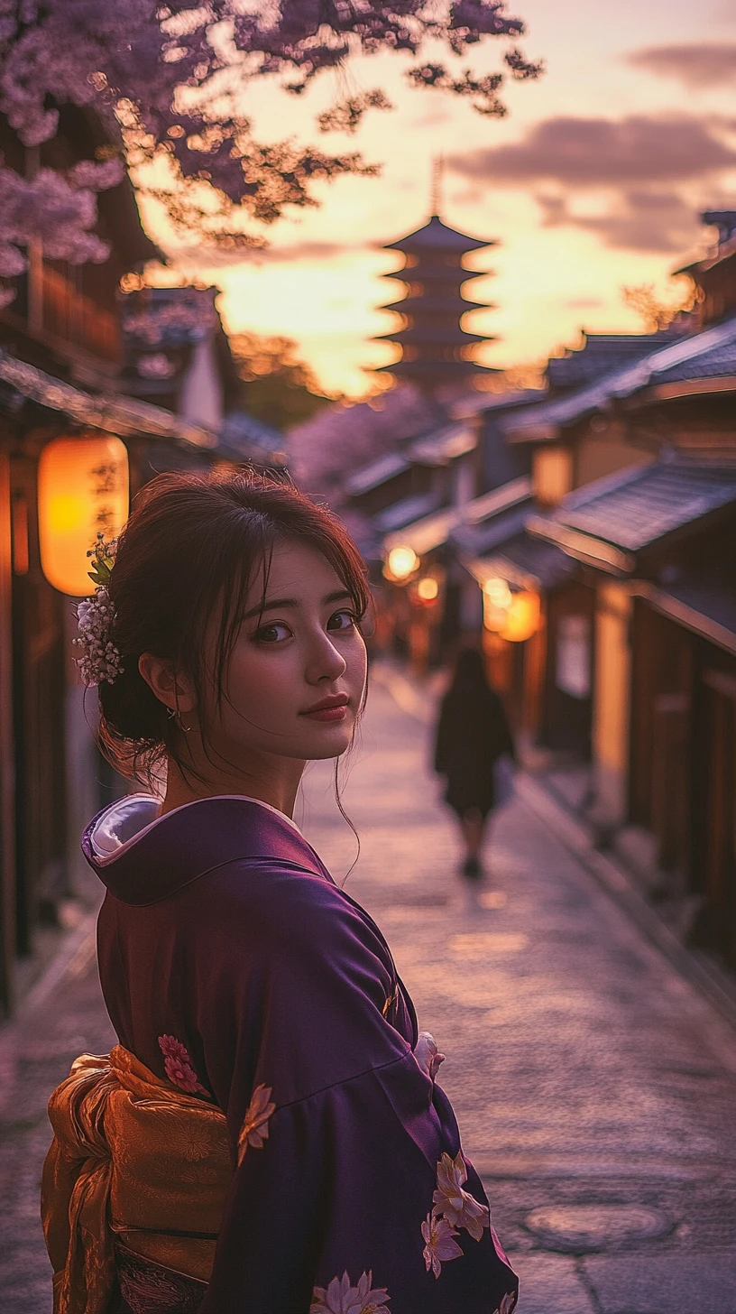 Woman in purple kimono walking along historic Kyoto street