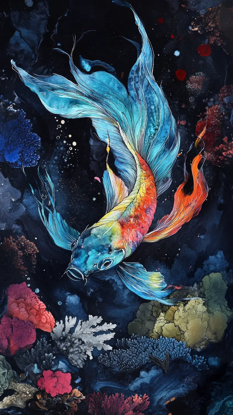 Surreal abstract fish in a dark underwater coral scene