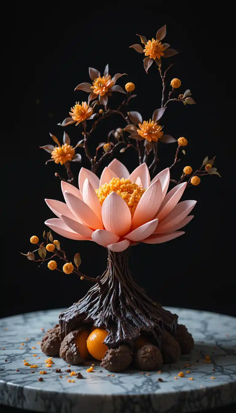 Edible biomorphic dessert ikebana with lotus and citrus details
