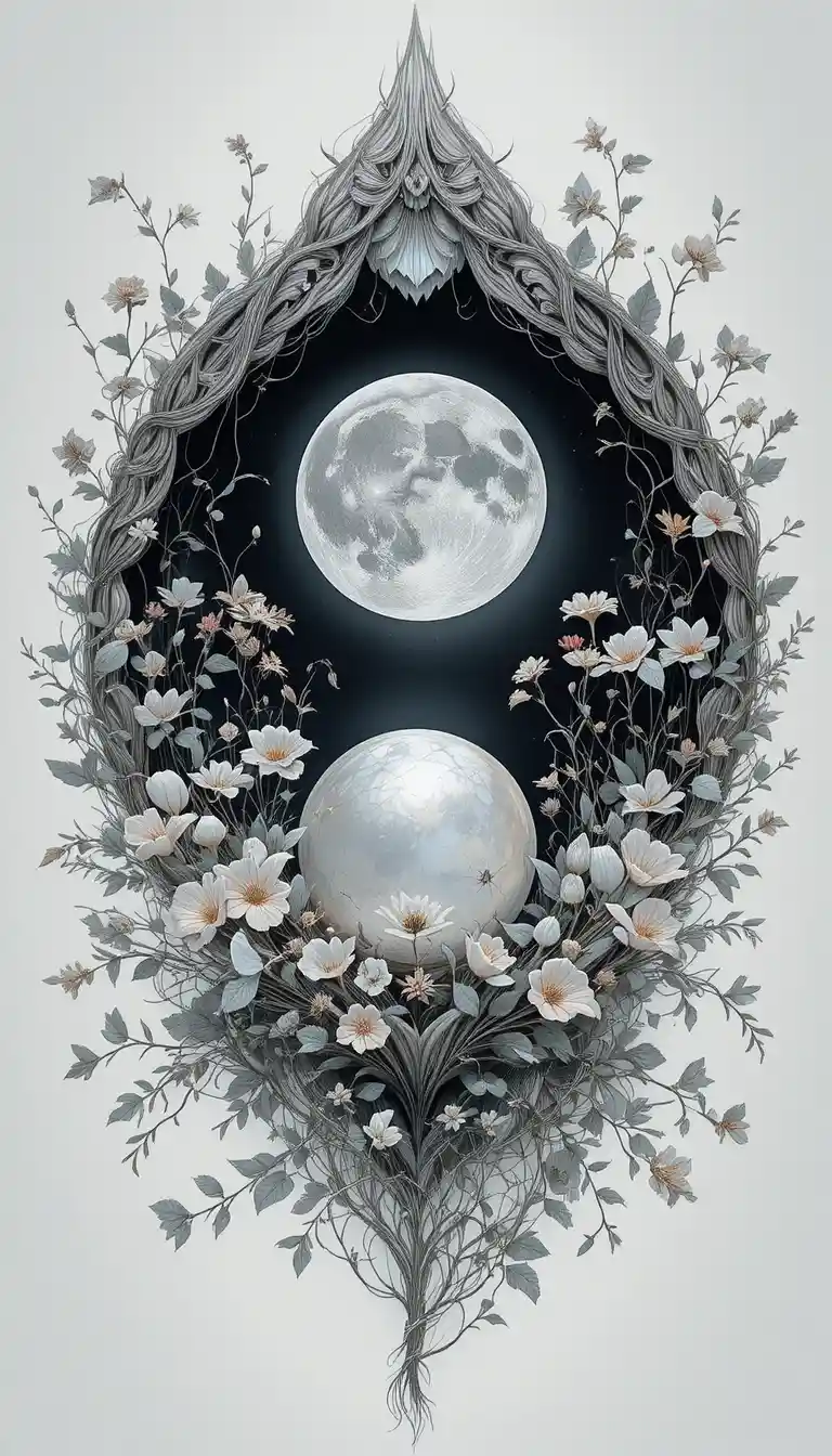 Delicate floral seashell with glowing pearl and moon