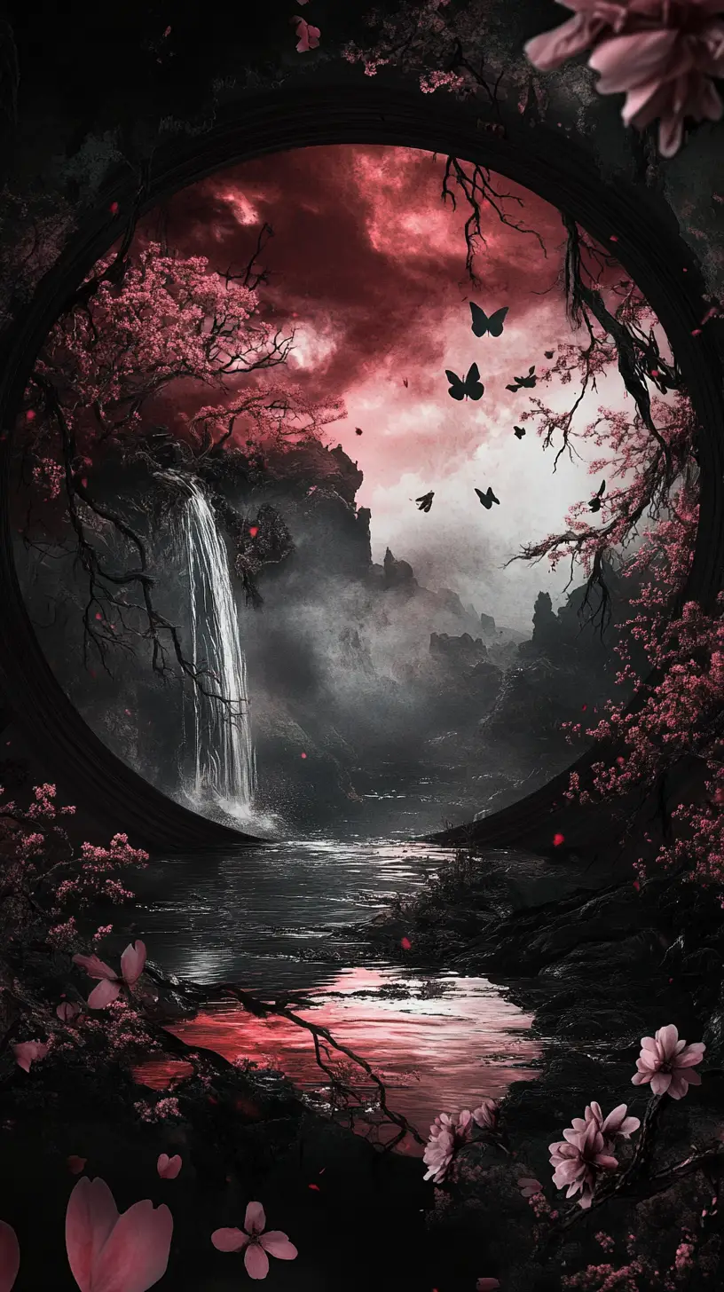 Dark fantasy landscape framed in a circular ink brush
