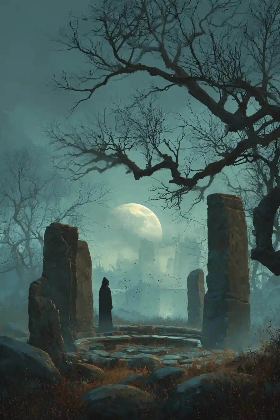 Hooded figure at a crumbling stone circle under moonlight