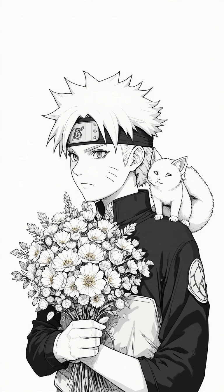Chico de anime con flores y pequeño zorro compañero