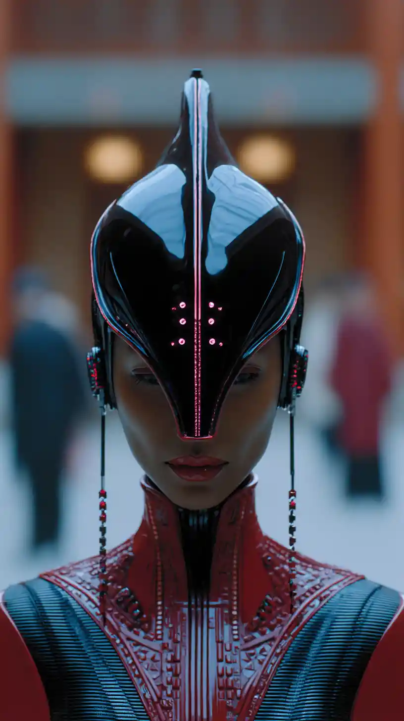 Mystical alien cyborg woman in a dark ancient temple